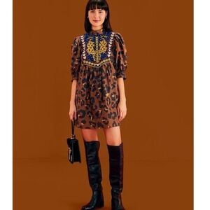 FARM Rio Leopard Print Mini Dress with Puff Sleeves